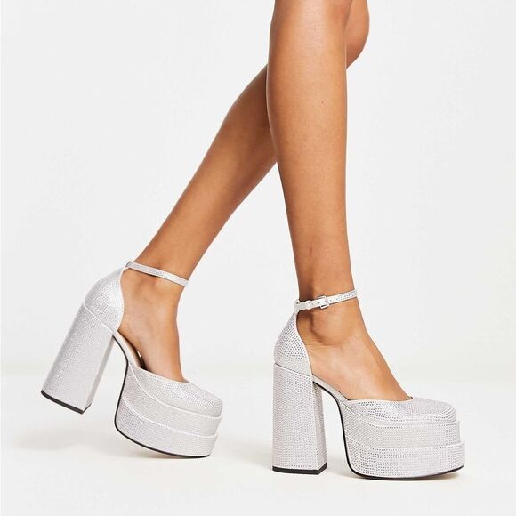 Steve Madden Charlize Silver Rhinestone stacked Platform Heels Size 8 - Picture 1 of 10